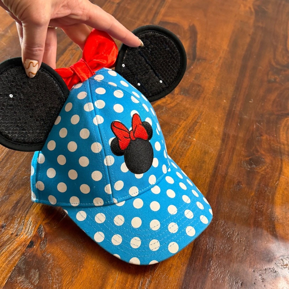 Disney Minnie Mouse Polka Dot Snapback Hat Blue Sequin Ears Red Bow Baseball Cap